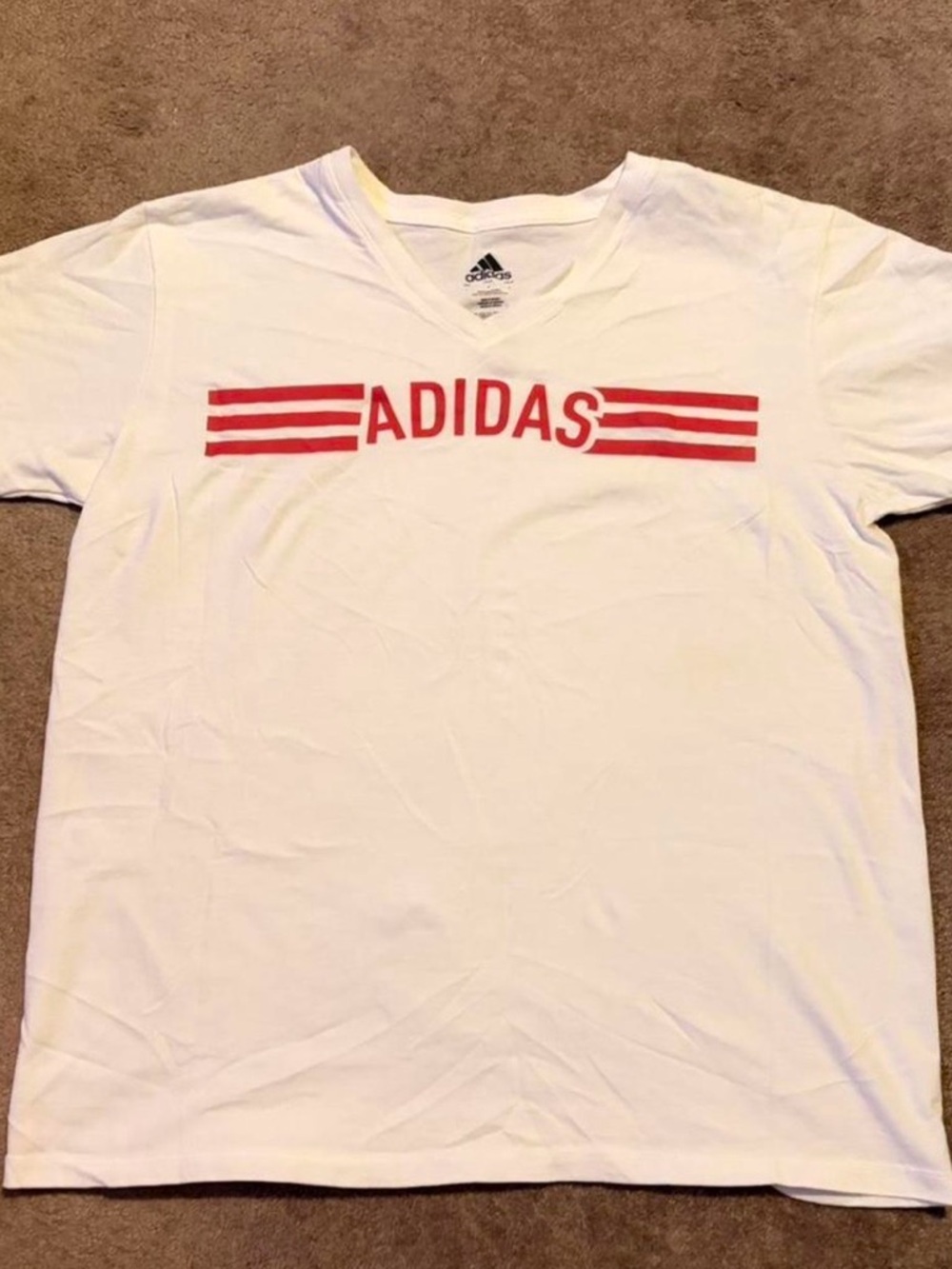 adidas White Short-Sleeve V-Neck Tee with Red Logo Stripes